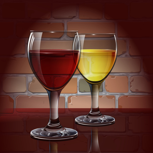 Скляне винне скло з червоним вином, біле вино, сидр. Реалістично, прозоро. Цегляна стіна. Векторні
. - Вектор, зображення