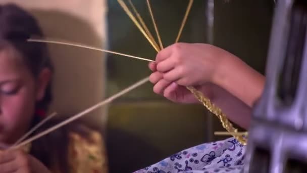 meisjes weven vakkundig stro in een ruimte ons breien kamer - Video