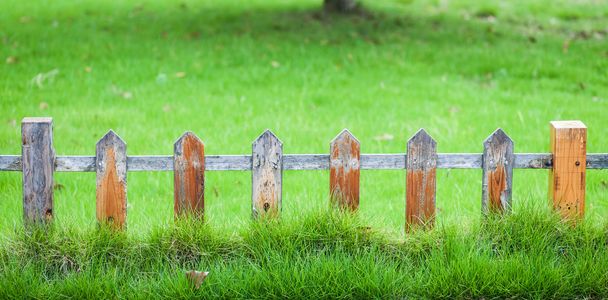 Old small fence on the green lawn in garden - Photo, Image