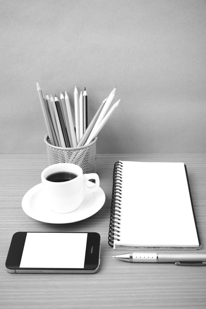 coffe,phone,notepad and color pencil - Фото, изображение