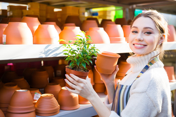 Onnellinen nainen puutarhuri ostaa uuden potin kasvi
 - Valokuva, kuva