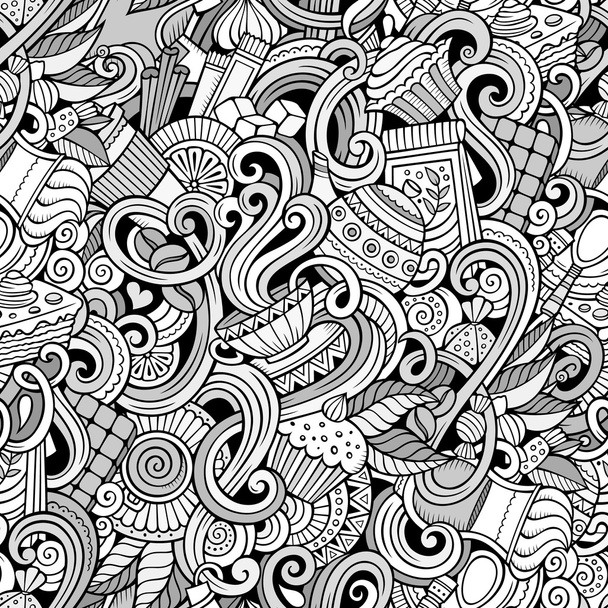 Karikatura kreslené čmáranice kavárny, kavárny bezešvé pattern - Vektor, obrázek