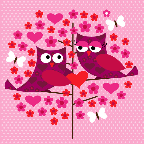 valentine owls with hearts - Vector, Image