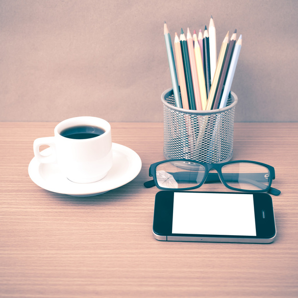 coffee,phone,eyeglasses and pencil - Photo, image