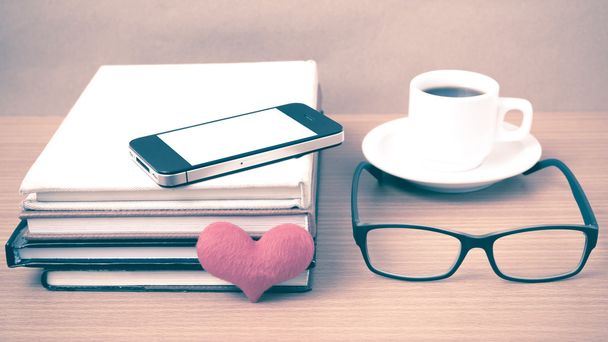 coffee,phone,eyeglasses,stack of book and heart - Fotografie, Obrázek