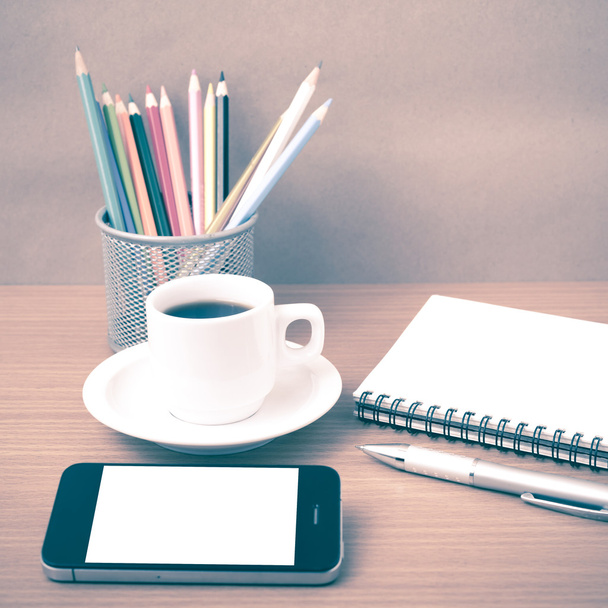 coffe,phone,notepad and color pencil - Photo, image