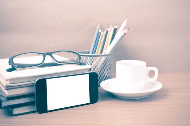 coffee,phone,eyeglasses,stack of book and color pencil - Fotoğraf, Görsel