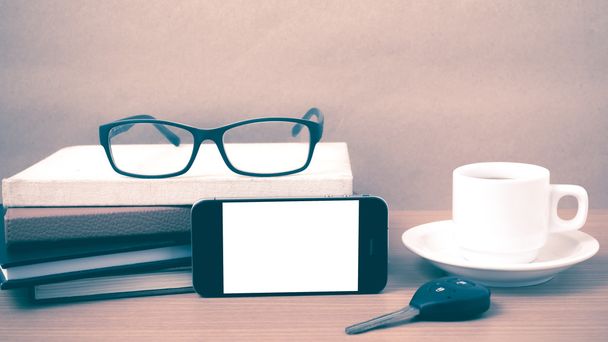 coffee,phone,car key,eyeglasses and stack of book - Fotoğraf, Görsel