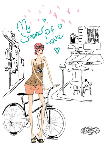 Bisiklet Street kızla - Vektör, Görsel