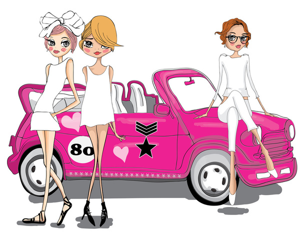 chicas con coche rosa
 - Vector, imagen