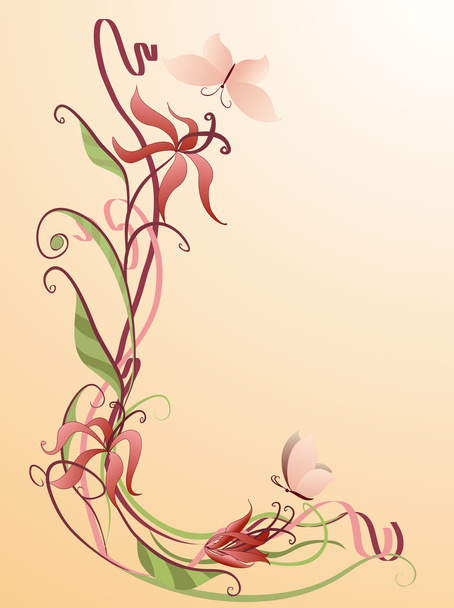 Three pink lilies and butterflies on a pale pink background. - Vector, afbeelding