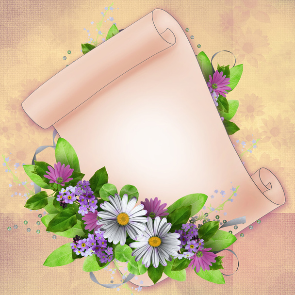 Lavender background with floral border and card - Фото, изображение