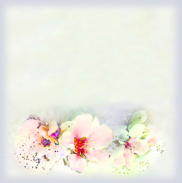 Greeting vintage card with bright spring flowers and frame on hazed background - Foto, imagen