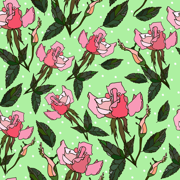 seamless pattern with cute colored roses on a light green background - Vetor, Imagem