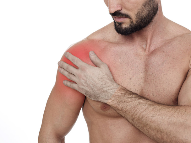 Shoulder pain, white background - Φωτογραφία, εικόνα
