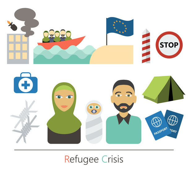 Refugee crisis flat vector concept. War victims concept. Infographic elements. Set of flat icons cartoon character design.  - Vector, Image