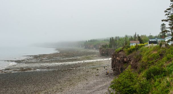 Lente Nova Scotia kustlijn in juni mist, mensen op basis van het verkennen van de kiezelstranden klif. - Foto, afbeelding