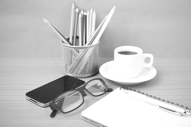 coffee,phone,eyeglasses,notepad and heart and color pencil - Foto, Bild