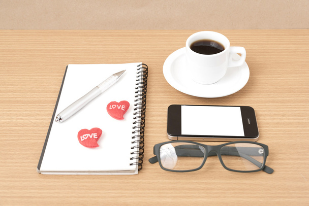 coffee,phone,eyeglasses,notepad and heart - Фото, изображение