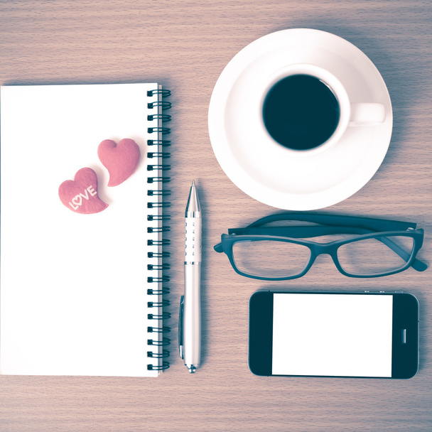 coffee,phone,eyeglasses,notepad and heart - Fotografie, Obrázek