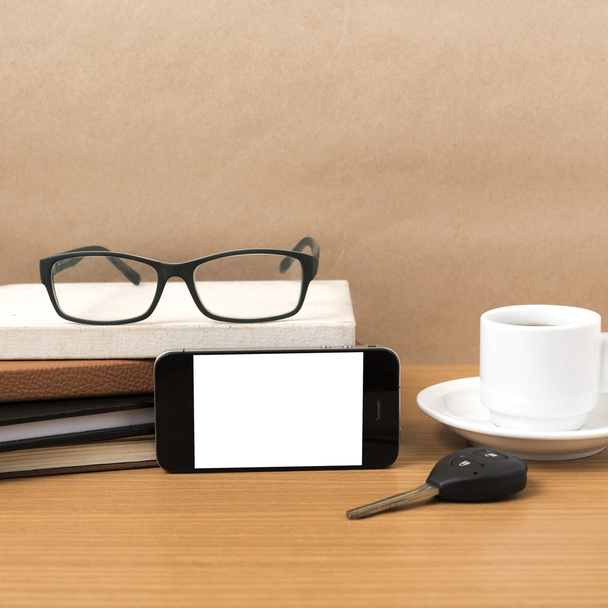 coffee,phone,car key,eyeglasses and stack of book - Φωτογραφία, εικόνα