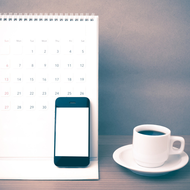 coffee cup and phone and calendar - Zdjęcie, obraz