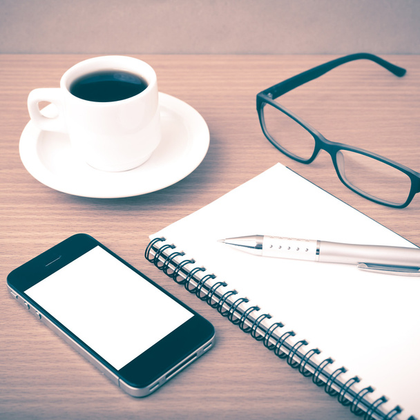coffee,phone,notepad and eyeglasses - Zdjęcie, obraz