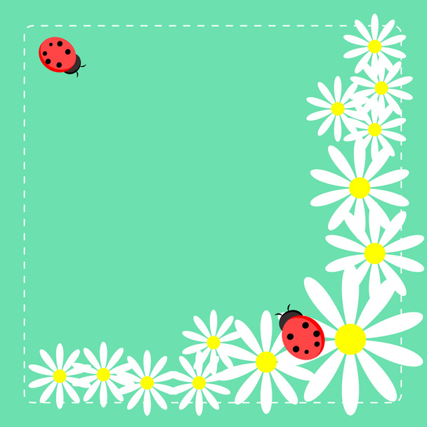 Meadow with daisies and ladybag vector card - Vektori, kuva