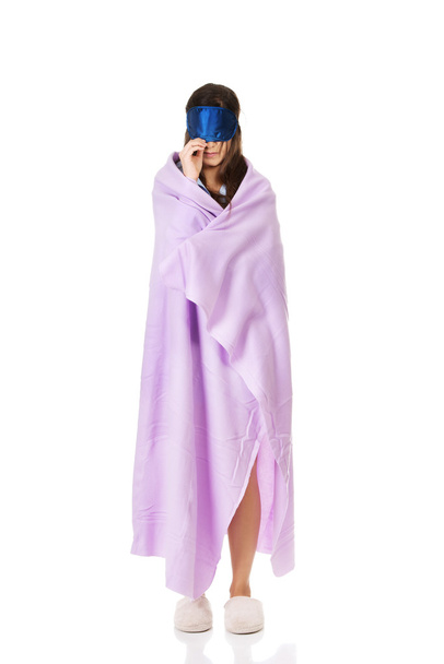 Morning woman wrapped in coverlet. - Φωτογραφία, εικόνα