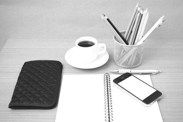 coffee,phone,eyeglasses,notepad,wallet and color pencil - Fotoğraf, Görsel