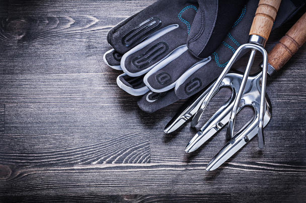 Rake, trowel fork and protective gloves - Фото, изображение
