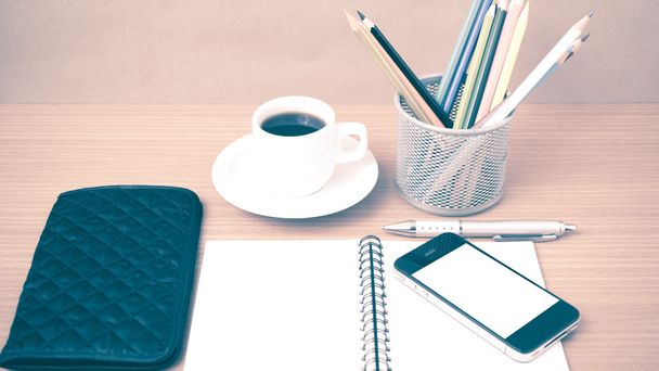 coffee,phone,eyeglasses,notepad,wallet and color pencil - Фото, изображение