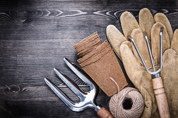 Rake, trowel fork and protective gloves - Фото, изображение