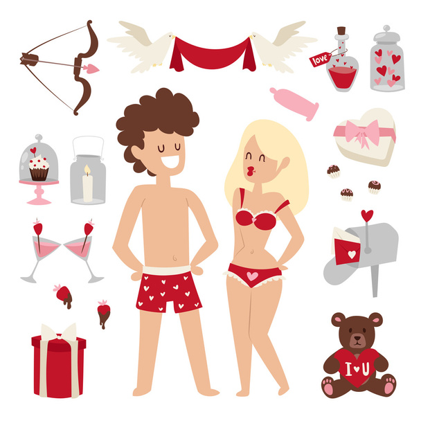 Cartoon young lovers couple with Valentine Day signs - Vector, afbeelding