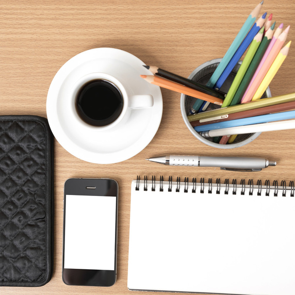 coffee,phone,eyeglasses,notepad,wallet and color pencil - Valokuva, kuva