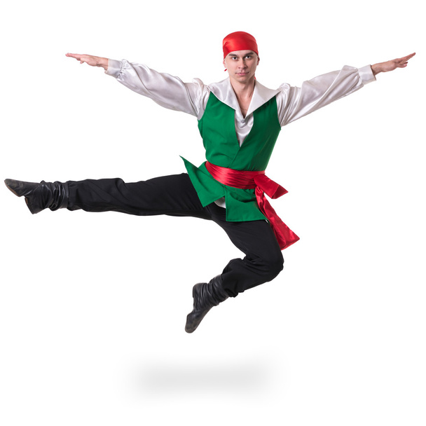 Dancing man wearing a pirate costume jumping, isolated on white in full length. - Φωτογραφία, εικόνα
