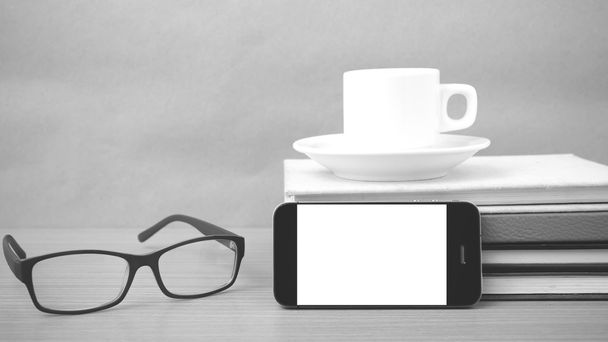 coffee,phone,stack of book and eyeglasses - Photo, Image