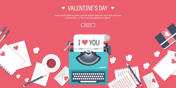 background with typewriter. Love messages with hearts. - Vector, afbeelding