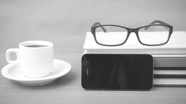coffee,phone,stack of book and eyeglasses - Foto, immagini