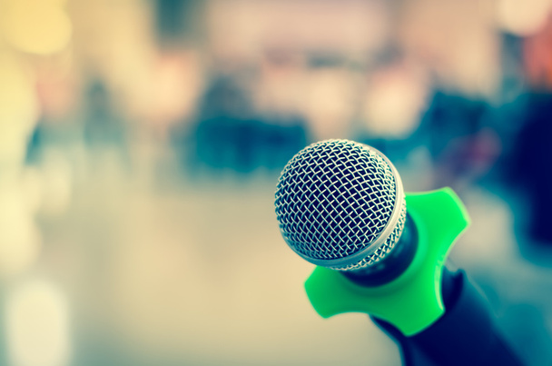 Close up of microphone in conference room on blurred background - Photo, Image