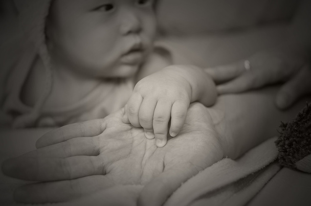 Asiática bebé mano en la madre mano
 - Foto, Imagen