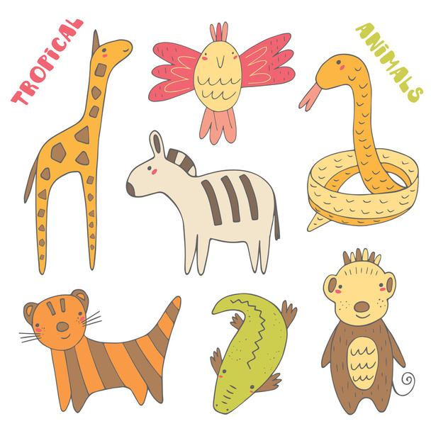 Милые, нарисованные вручную тропические животные
 - Вектор,изображение