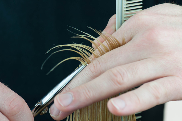 Hairdresser's hands cutting hair. - Фото, изображение