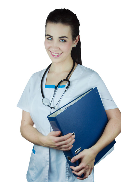 Portret van een mooie lachende verpleegster - Foto, afbeelding