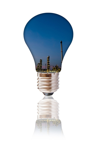 Reflection of petrochemical industry in light bulb isolated. - Photo, Image