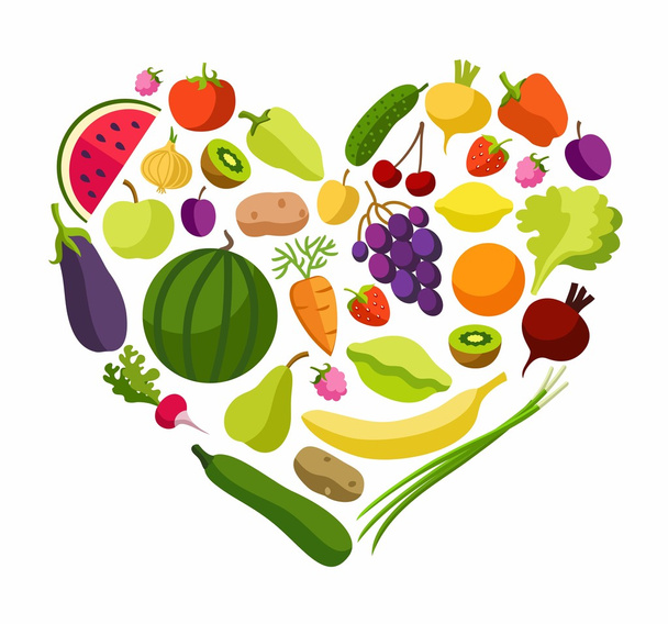 Fruits, vegetables, heart, coloured illustrations. - Вектор, зображення