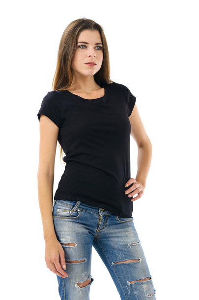 Sexy brunette wearing blank black shirt - Φωτογραφία, εικόνα