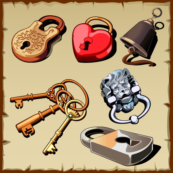 Set of locks, keys and bell, as design elements - Vektör, Görsel