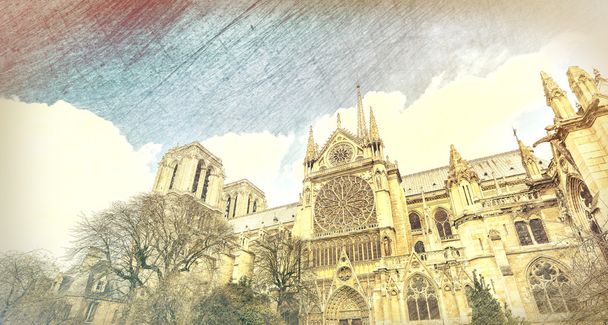 パリのノートルダム大聖堂。ヴィンテージ ビュー - 写真・画像