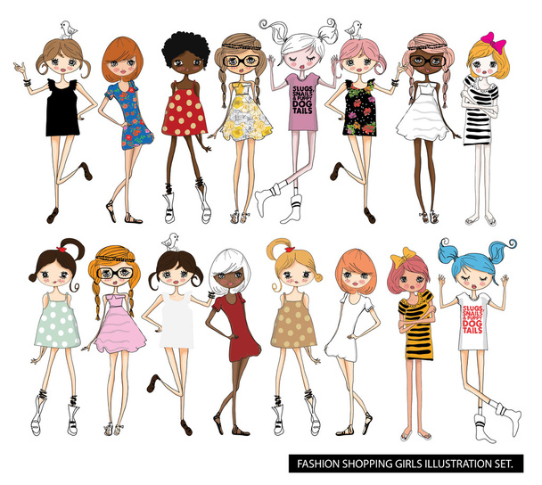 fashion girls with birds - Vector, Image